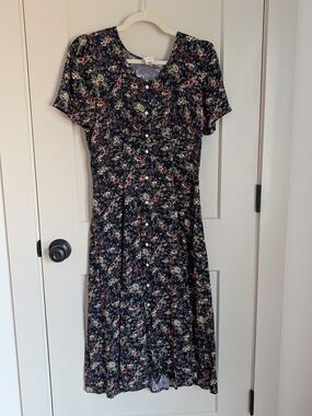 Vintage No Boundaries Navy Floral Midi Dress with Button Front